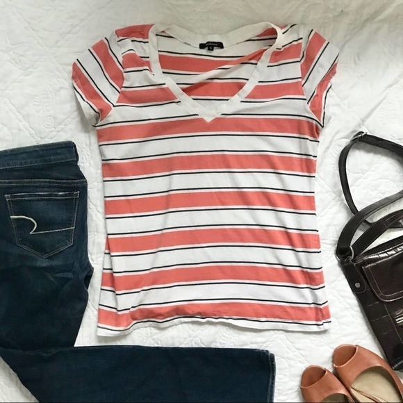 Ambiance Coral and White Striped V-Neck Tee - Picture 2 of 9